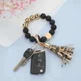 Wood Beads Bracelet Keychain Women Tassel Leopard Keyring