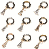 Wood Beads Bracelet Keychain Women Tassel Leopard Keyring