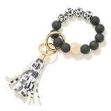 Wood Beads Bracelet Keychain Women Tassel Leopard Keyring