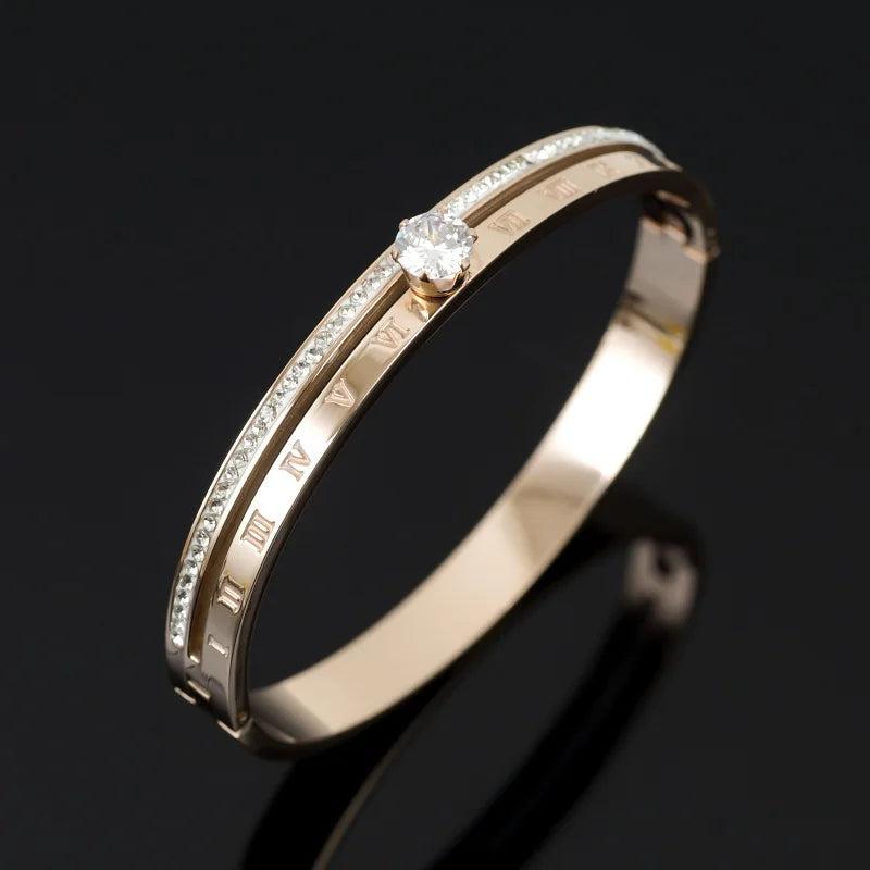 Double Layer CZ Crystal Bracelets Open Cuff Roman Numerals Bangles
