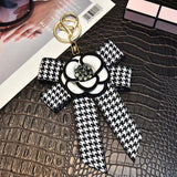 Houndstooth Ribbon Bowknot Camellia Rose Keychain Pendant Set