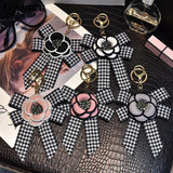 Houndstooth Ribbon Bowknot Camellia Rose Keychain Pendant Set