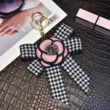 Houndstooth Ribbon Bowknot Camellia Rose Keychain Pendant Set