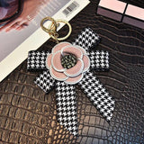 Houndstooth Ribbon Bowknot Camellia Rose Keychain Pendant Set