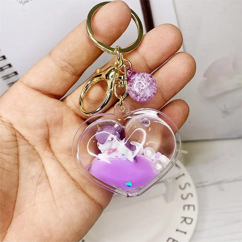 Unicorn Peach Heart Keychain Girl Heart Liquid Quicksand Drift Bottle Pendant