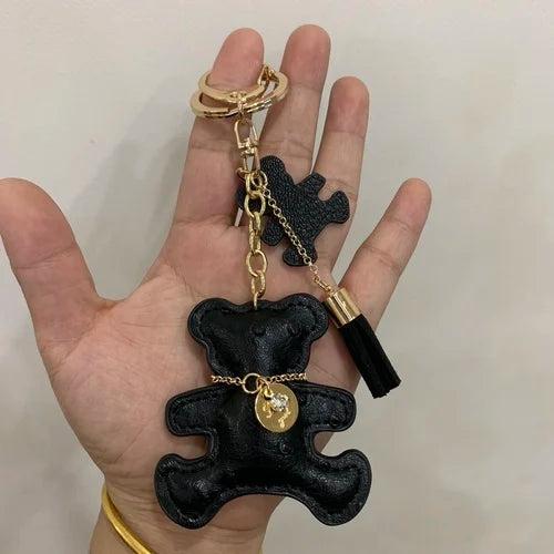 PU Leather Bear Doll Keychain Rhinestone Bear Keyring Classic Women Bag Pendant