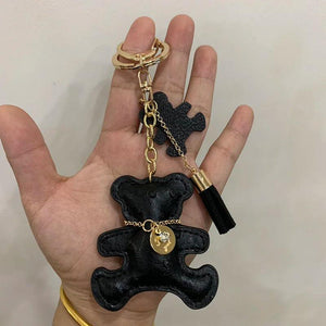 PU Leather Bear Doll Keychain Rhinestone Bear Keyring Classic Women Bag Pendant