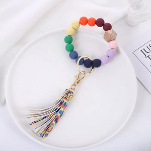 Colorful Bead Bracelet Keychain Acrylic Leather Tassel Print Bracelet