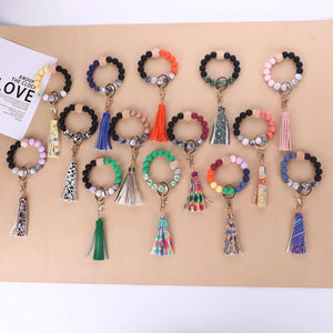 Colorful Bead Bracelet Keychain Acrylic Leather Tassel Print Bracelet