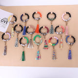 Colorful Bead Bracelet Keychain Acrylic Leather Tassel Print Bracelet