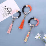 Colorful Bead Bracelet Keychain Acrylic Leather Tassel Print Bracelet