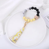 Colorful Bead Bracelet Keychain Acrylic Leather Tassel Print Bracelet