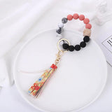 Colorful Bead Bracelet Keychain Acrylic Leather Tassel Print Bracelet