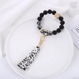Colorful Bead Bracelet Keychain Acrylic Leather Tassel Print Bracelet