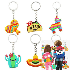 6pcs Mexican cactus hat hot dog Bohemian car dinosaur key chain PVC pendant