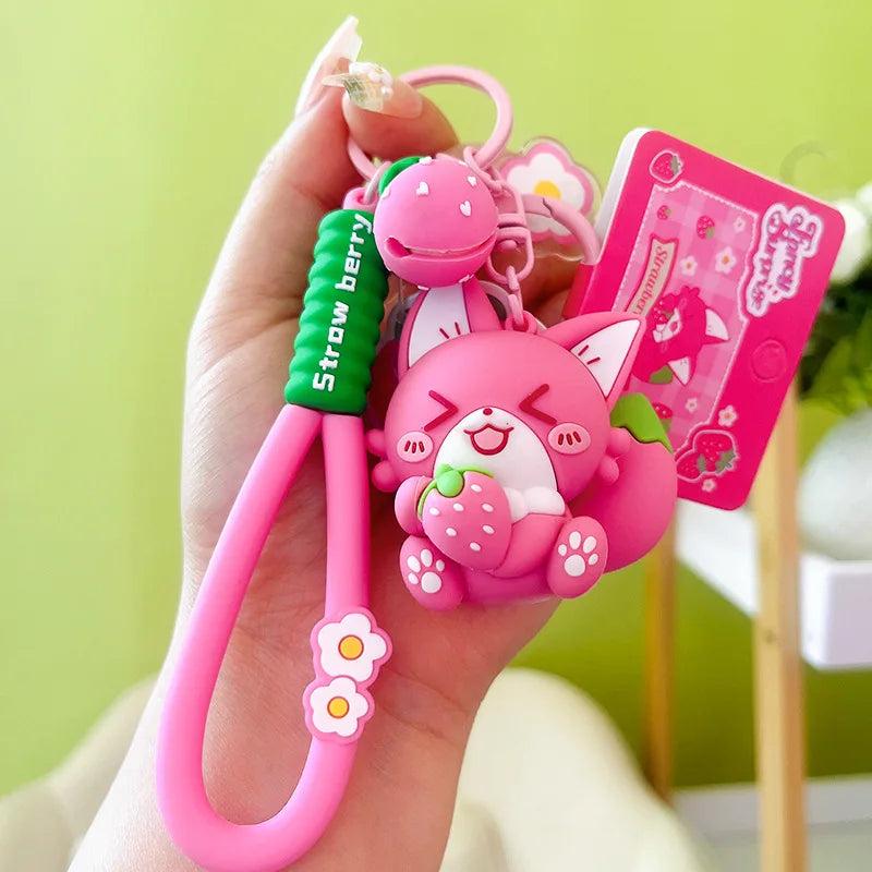 Strawberry Fox Keychain Cartoon Doll Keyring Women Girl Backpack Car Resin