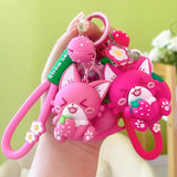 Strawberry Fox Keychain Cartoon Doll Keyring Women Girl Backpack Car Resin