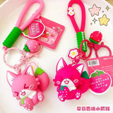 Strawberry Fox Keychain Cartoon Doll Keyring Women Girl Backpack Car Resin