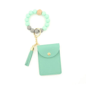 Silicone Beaded Bangle Bracelets PU Card Holder Wallets Leather Tassel Keychain