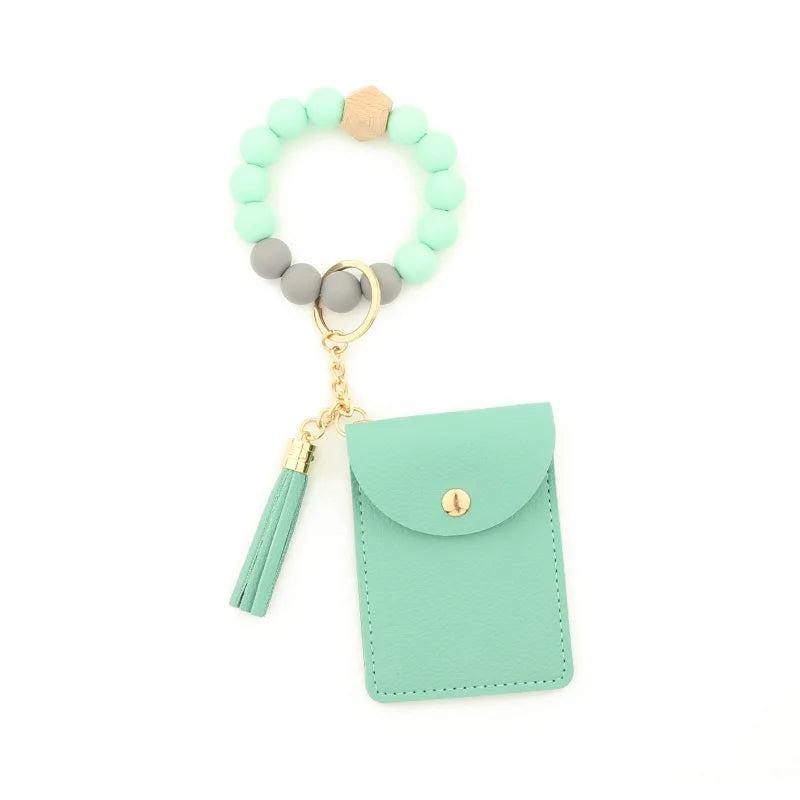 Silicone Beaded Bangle Bracelets PU Card Holder Wallets Leather Tassel Keychain