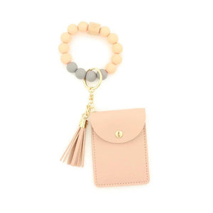 Silicone Beaded Bangle Bracelets PU Card Holder Wallets Leather Tassel Keychain