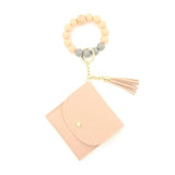 Silicone Beaded Bangle Bracelets PU Card Holder Wallets Leather Tassel Keychain