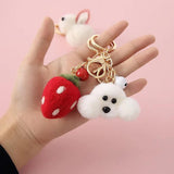1pc Cartoon Faux Fur Plush Rabbit Keychain Car Bag Pendant Wool Felt Strawberry