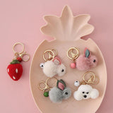 1pc Cartoon Faux Fur Plush Rabbit Keychain Car Bag Pendant Wool Felt Strawberry