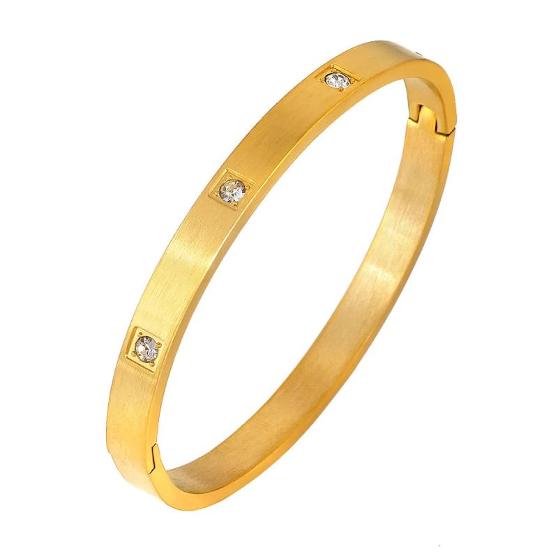 Square Crystal Charm Bangles Open Cuff Stainless Steel Bracelets Golden