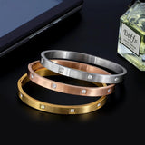 Square Crystal Charm Bangles Open Cuff Stainless Steel Bracelets Golden