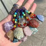 7 Chakra Natural Stone Keychain with Silver Chain and Evil Eye Charm