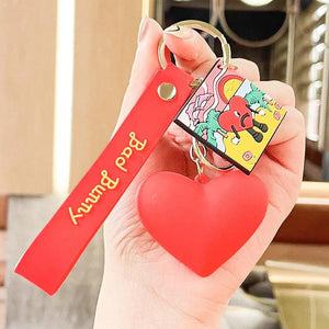 Funny Red Heart Key Chain Cyclopia Wear Hat Bad Bunny Key Ring Spoof Rabbit Doll