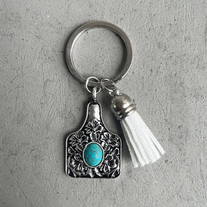 Engraved FLOWER Stamping Metal Cattle Tiny Cow Tag Keychain with Velvet Tassel