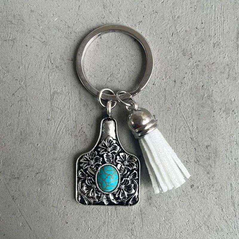 Engraved FLOWER Stamping Metal Cattle Tiny Cow Tag Keychain with Velvet Tassel