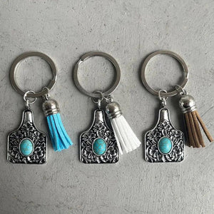Engraved FLOWER Stamping Metal Cattle Tiny Cow Tag Keychain with Velvet Tassel