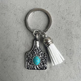 Engraved FLOWER Stamping Metal Cattle Tiny Cow Tag Keychain with Velvet Tassel