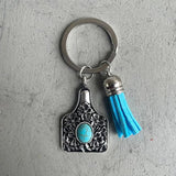 Engraved FLOWER Stamping Metal Cattle Tiny Cow Tag Keychain with Velvet Tassel