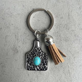 Engraved FLOWER Stamping Metal Cattle Tiny Cow Tag Keychain with Velvet Tassel