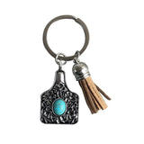Engraved FLOWER Stamping Metal Cattle Tiny Cow Tag Keychain with Velvet Tassel