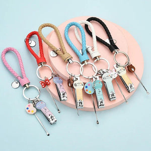 Woven Leather Rope Nail Clippers Ear Spoon Keychain Pendant