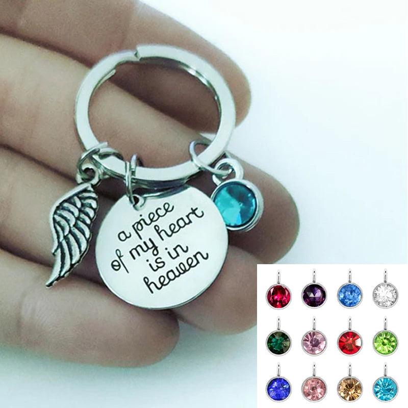 Heaven in My Heart Keychain with Angel Wing & Birthstone