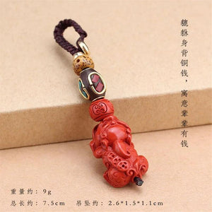 Pixiu Red Cinnabar Amulet Keychain Charm Hand-Carved Woman