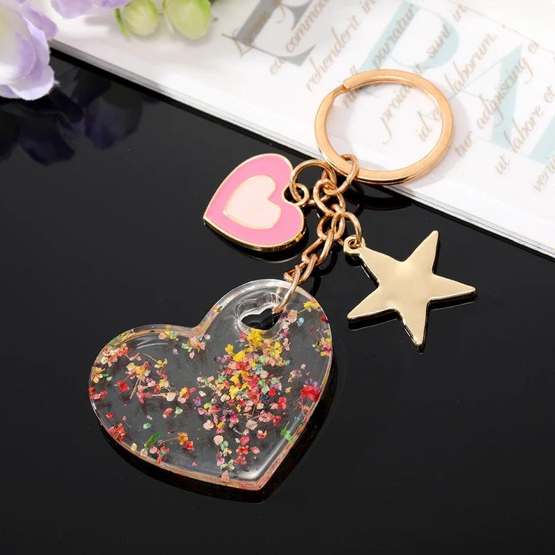 Heart Star Natural Dried Flower Keychain Keyring Love Immortal Daisy Leaf Plant