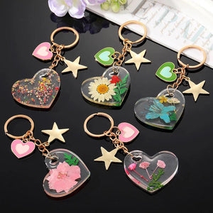 Heart Star Natural Dried Flower Keychain Keyring Love Immortal Daisy Leaf Plant