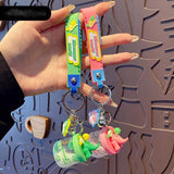 Milk Bottle Key Chains Pearl Quicksand Dinosaur Doll Keyring Bag Pendant