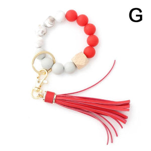 Silicone Keychain Tassel Bracelet Keyring Wood Beads Pendant Jewelry Accessories