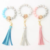 Silicone Keychain Tassel Bracelet Keyring Wood Beads Pendant Jewelry Accessories