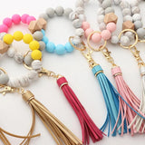 Silicone Keychain Tassel Bracelet Keyring Wood Beads Pendant Jewelry Accessories