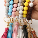 Silicone Keychain Tassel Bracelet Keyring Wood Beads Pendant Jewelry Accessories
