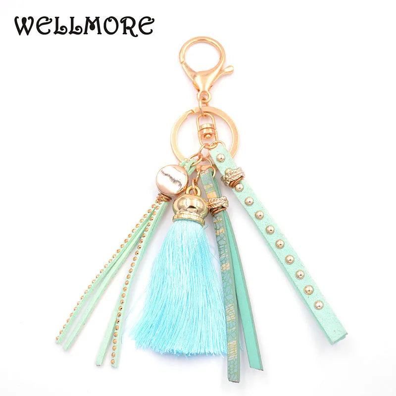 Colorful Leather Tassel Key Chain for Women Girls